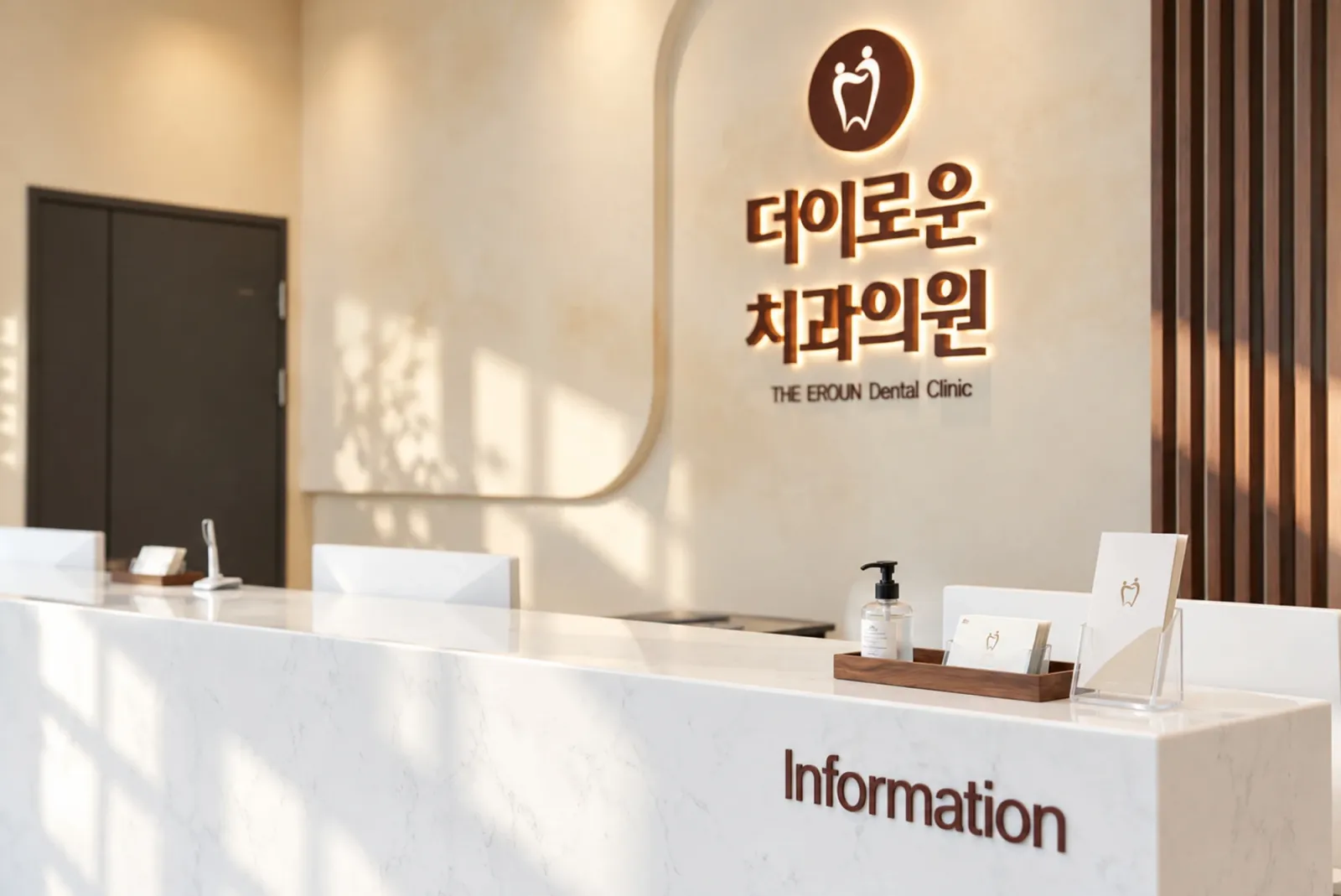 더이로운치과 병원 안내 데스크와 브랜드 사인